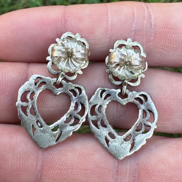 Carolyn Pollack 925 Sterling Silver Opal Heart Earrings, Filigree Dangles Relios - Picture 8 of 10